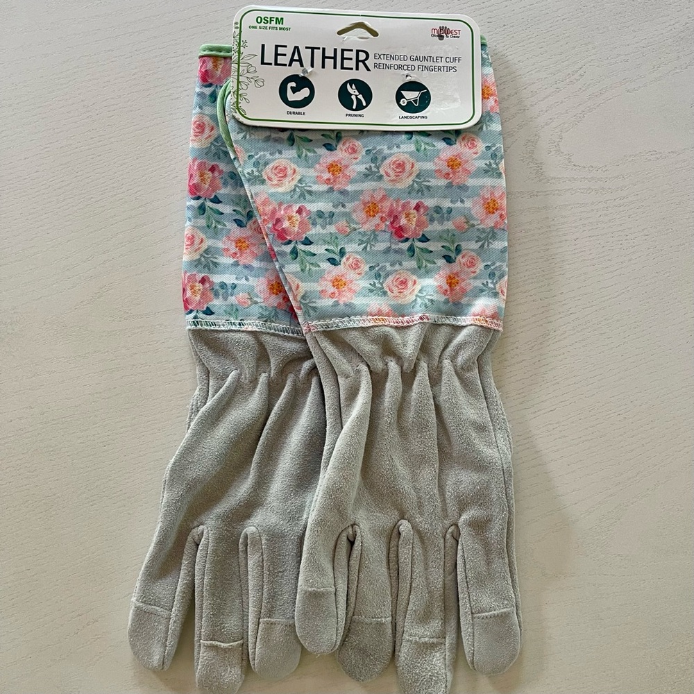 Leather Floral Gardening Gloves w/Extended Gauntlet Cuff Reinforced Fingertips